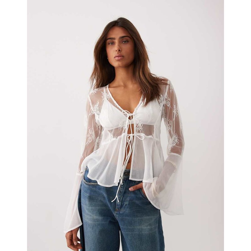 Miss Selfridge lace chiffon mix ruffle tie front blouse in white 115733452