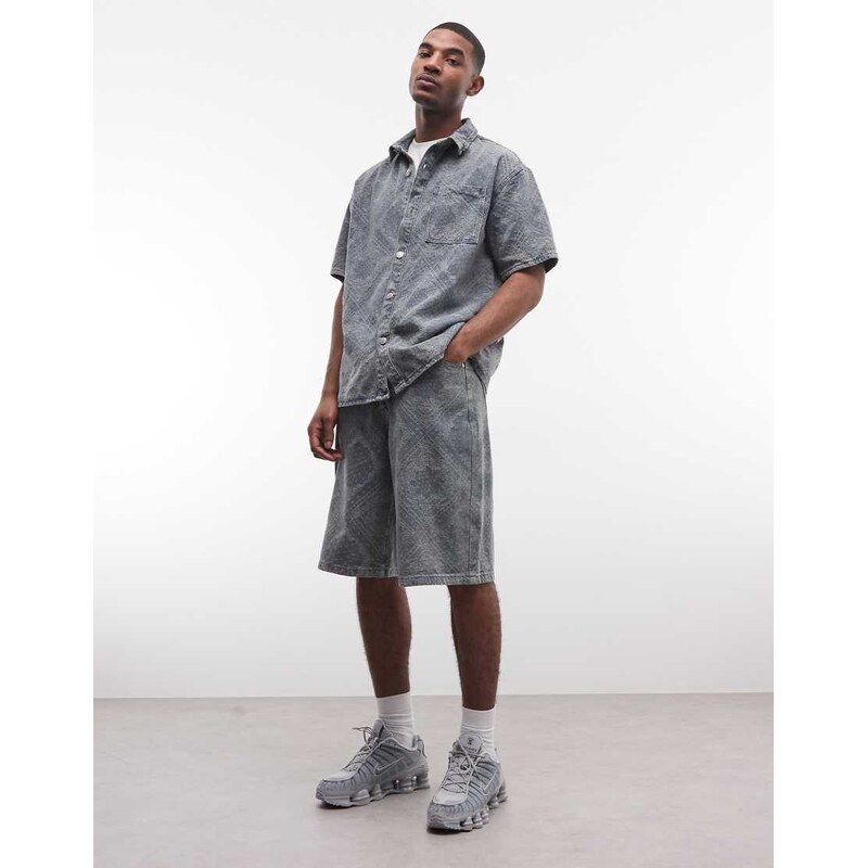 Liquor N Poker relaxed denim jorts co-ord in blue paisley