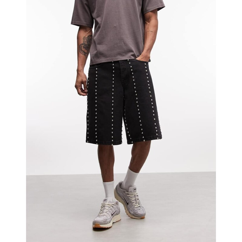 Liquor N Poker all-over stud embellished denim jorts in black
