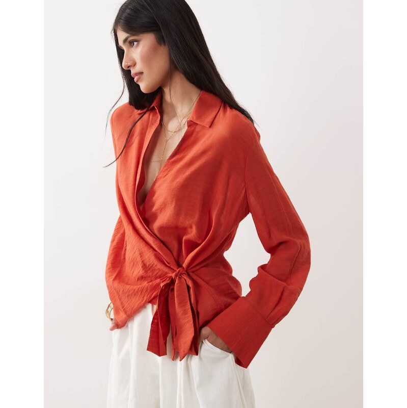 Mango oversized shirt with tie waist in red 115640389