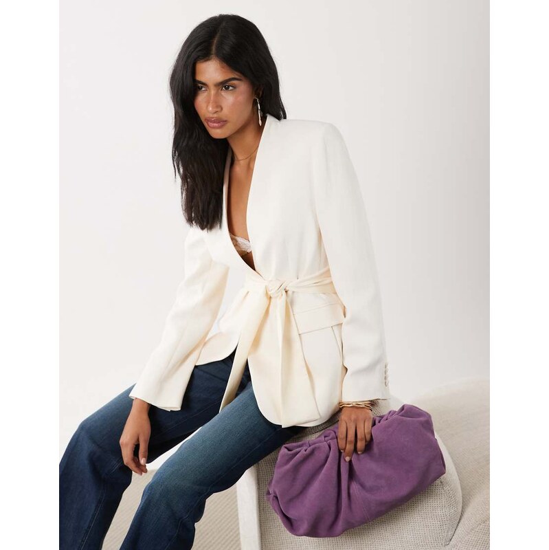 Mango Newyork tailored blazer co-ord with tassle scarf in cream 115642395