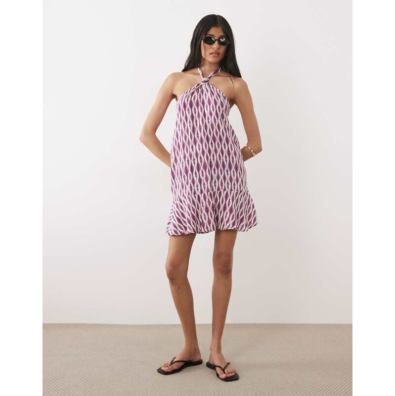 Mango Teen tie waist halterneck mini dress in purple print