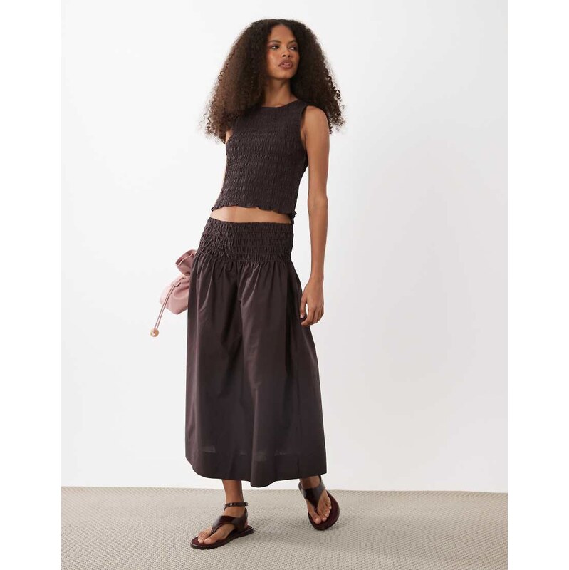 Mango Siros crinkle waist maxi skirt co-ord in dark brown 115640421