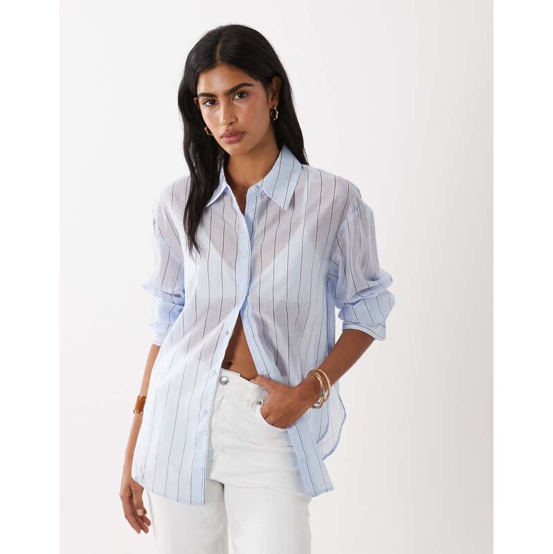 Mango sheer long sleeve shirt in pastel blue stripe 115640419