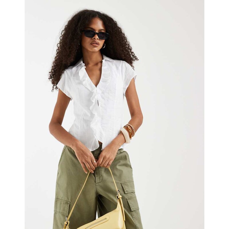 Hollister ruffle front short sleeve shirt in white