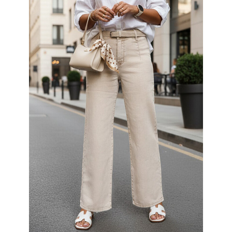 Dámské široké džíny s vysokým pasem béžové FashionStreet UY2965