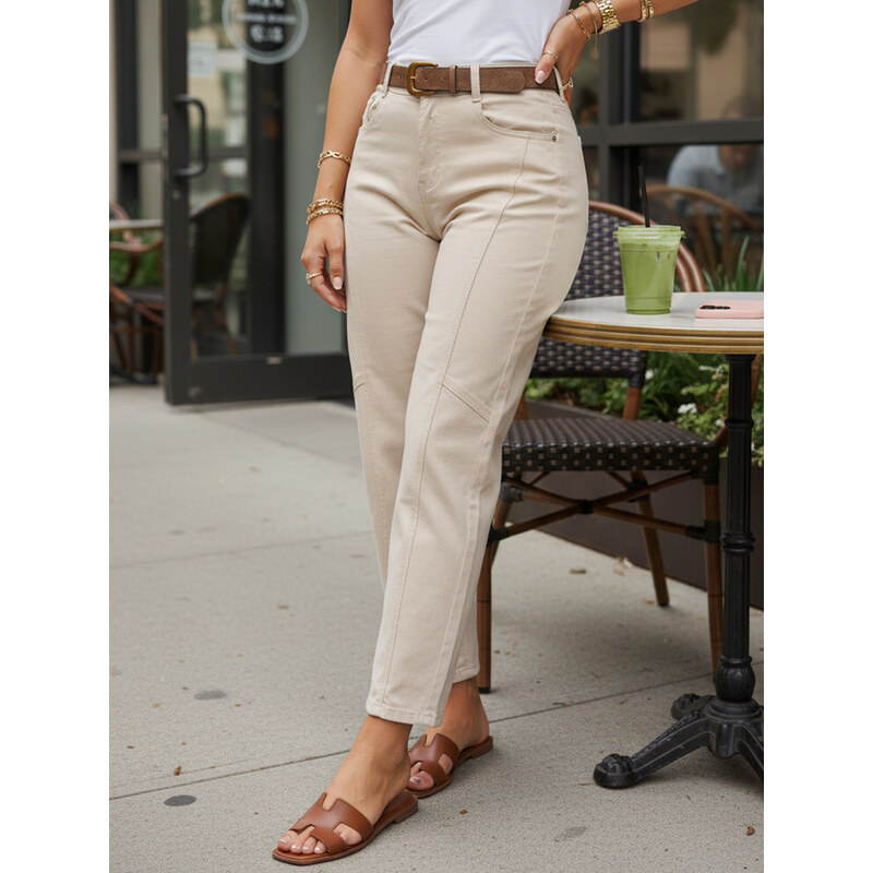 Dámské džíny s páskem mom fit béžové FashionStreet UY3056 115639698