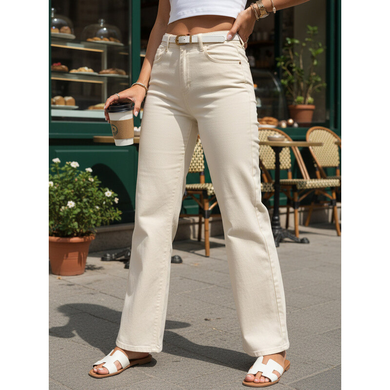 Dámské džíny s páskem a širokou nohavicí béžové FashionStreet UY3063 115639702