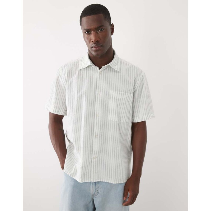 Selected seersucker short sleeve shirt in cream stripe-White