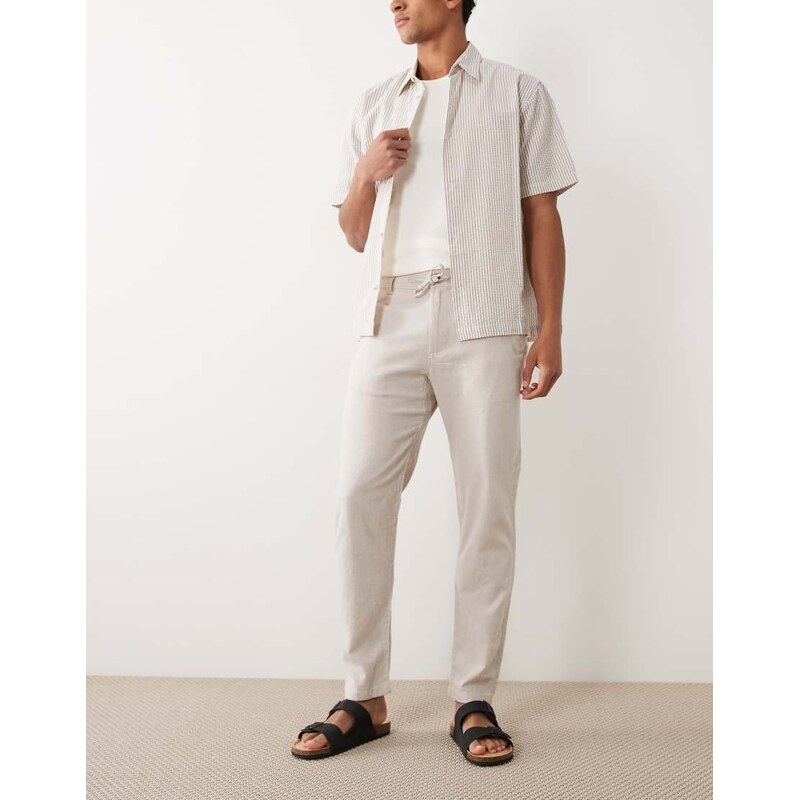 Selected linen blend drawstring trousers in cream-White