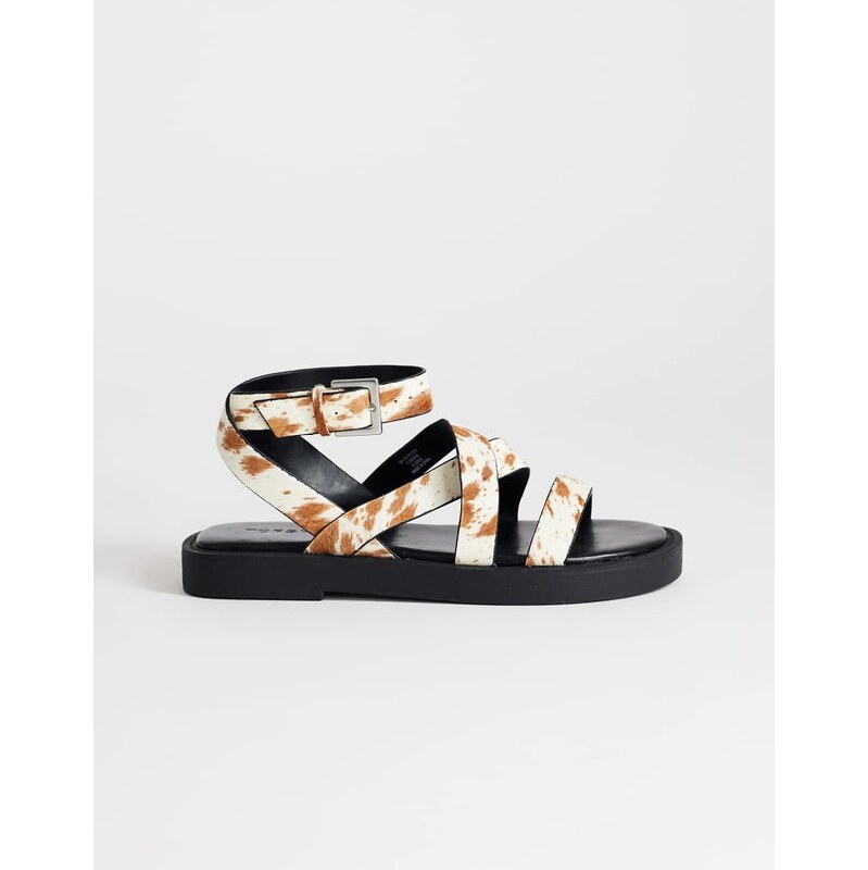 Topshop Sasha strappy flat sandal in cow print hair on real leather 115640297