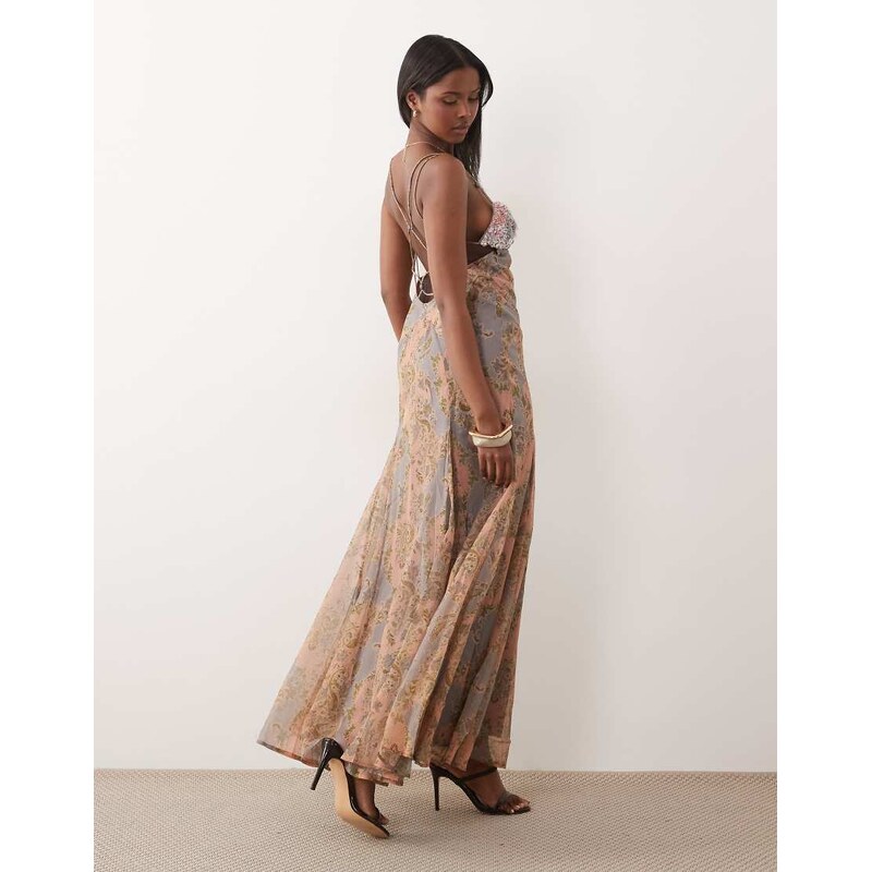 ASOS DESIGN embellished bust cami cut out maxi dress in pink paisley print-Multi
