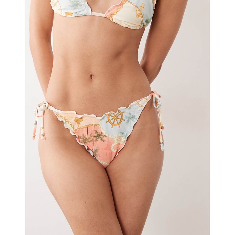 Miss Selfridge ruffle tie side bikini bottom in chain print