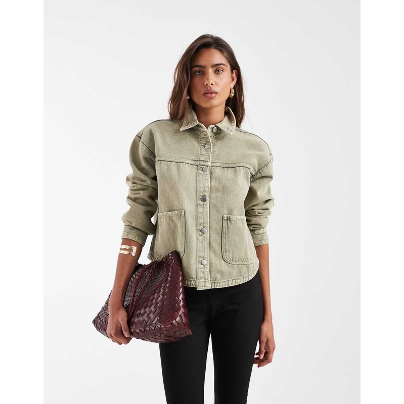 JDY boxy denim jacket with front pockets in washed khaki-Green 115640325