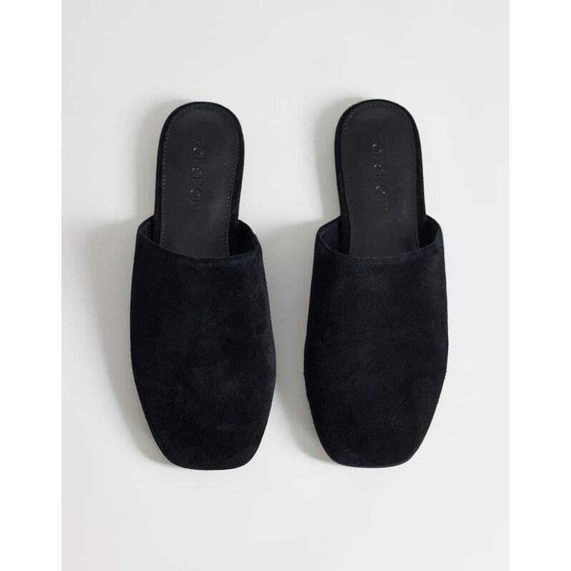Topshop Lillie real suede round toe flat shoe in black