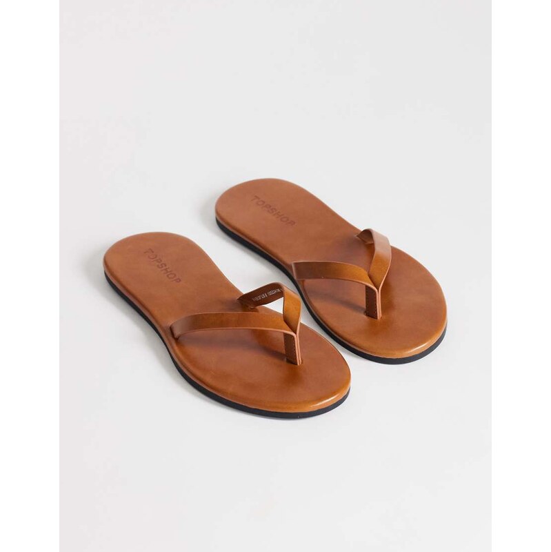 Topshop Sky real leather toe thong sandal in tan-Yellow 115640352