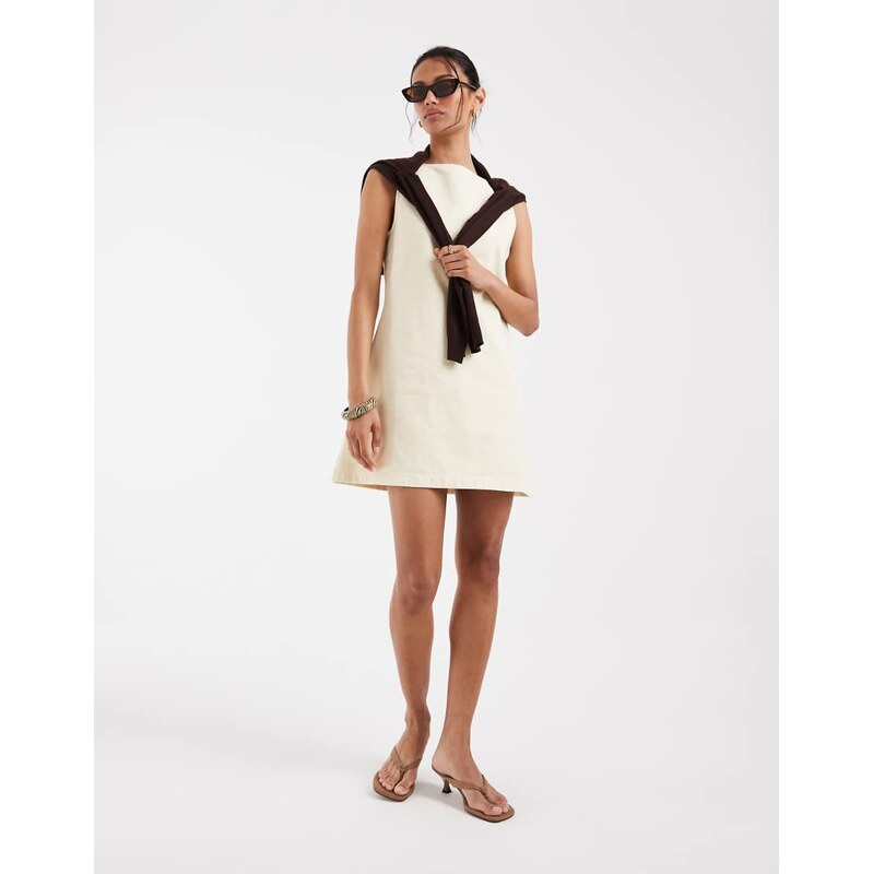 ASOS DESIGN denim fit and flare mini dress in buttermilk-Yellow