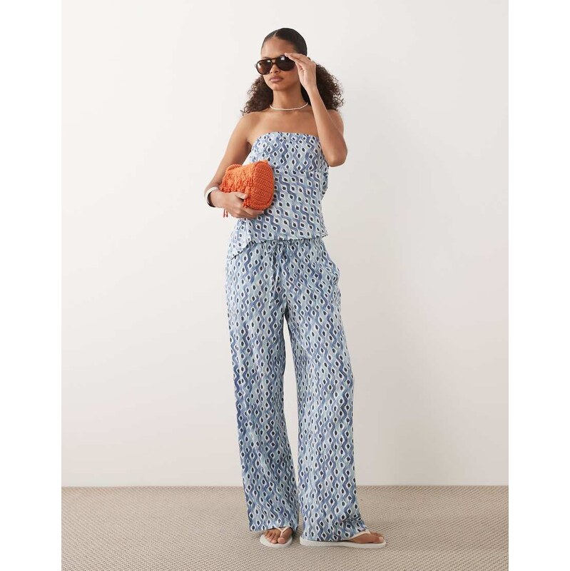 Mango Teen tie waist straight trouser co-ord in blue print 115640390