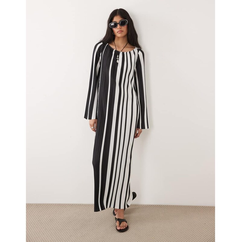 ASOS DESIGN plisse long sleeve midi dress in stripe-Multi