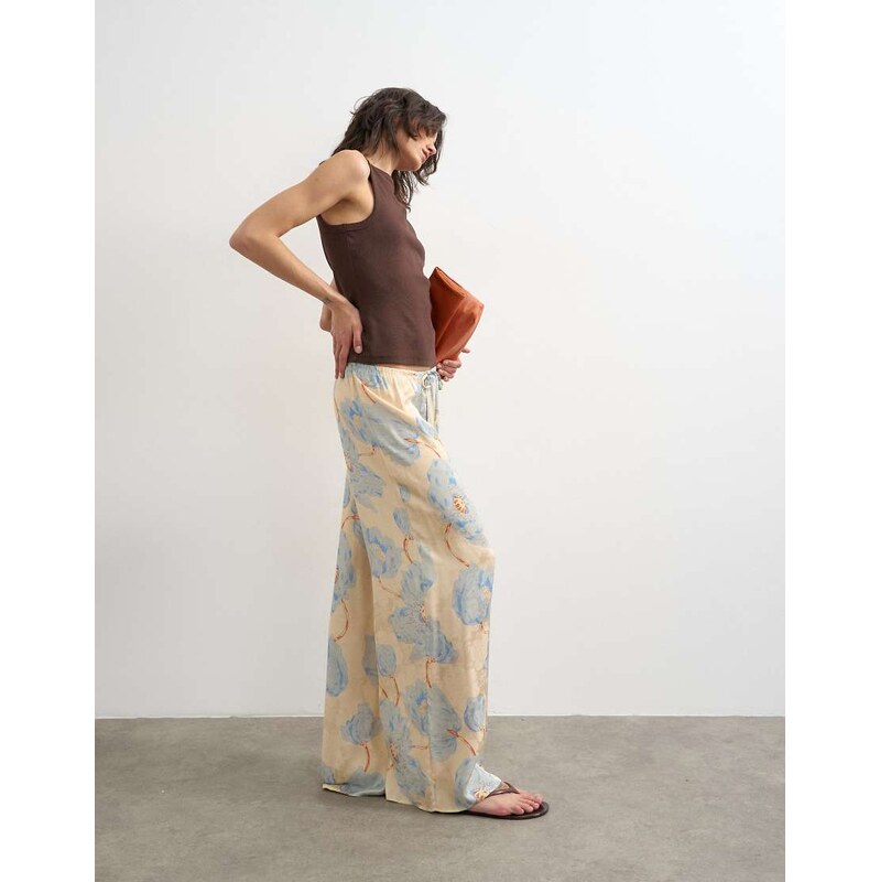 Topshop printed floral jaquard satin wide leg trouser in multi