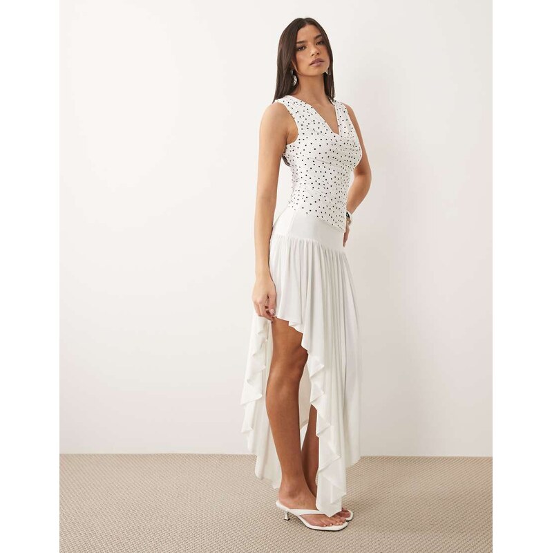 ASOS DESIGN slinky midi skirt with high low hem in cream-White