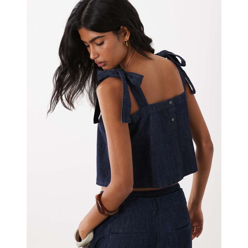 Mango Calonge sqaure neck denim tie detail cami top co-ord in indigo 115640410