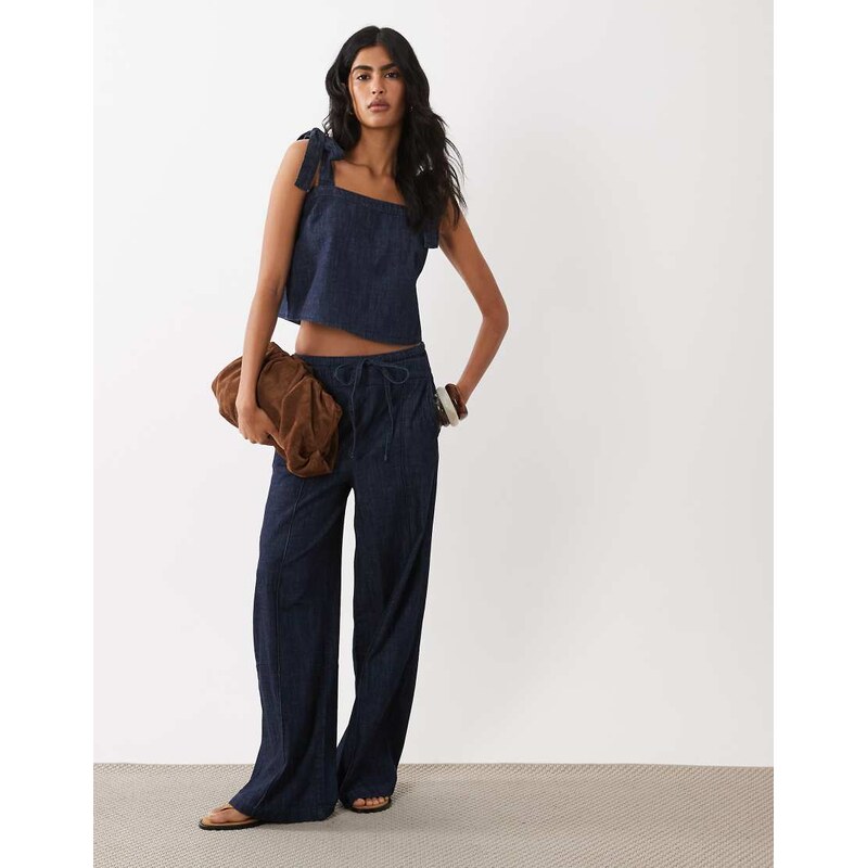 Mango Calonge tie waist pleat front wide leg denim trouser co-ord in 115640411