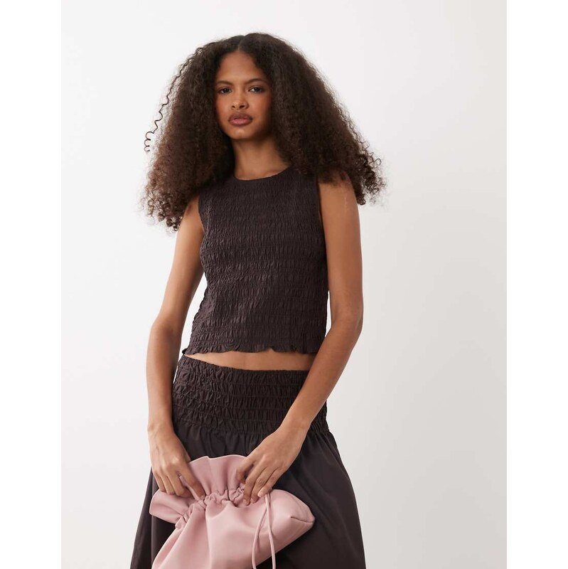 Mango Siros crinkle sleevess top co-ord in dark brown