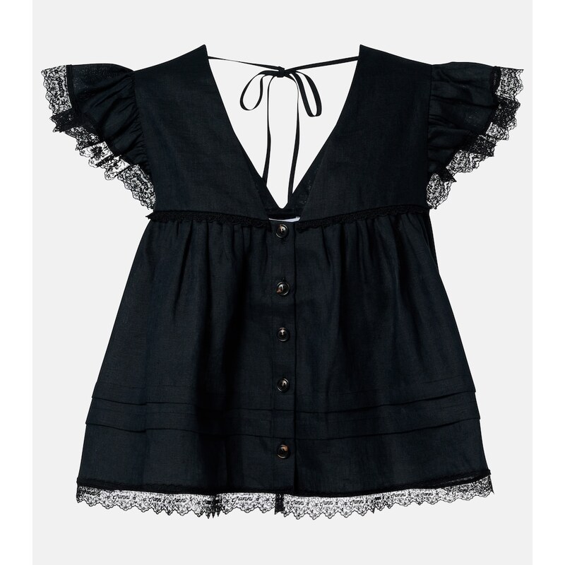 Ganni Lace-trimmed linen top