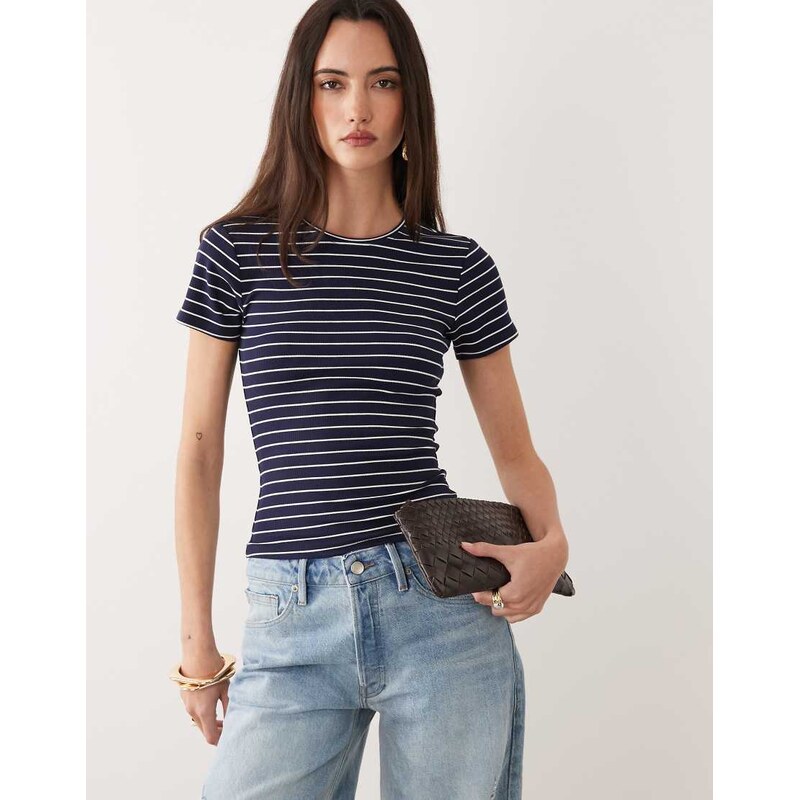 Good American modal ribbed baby tee in navy stripe-Multi