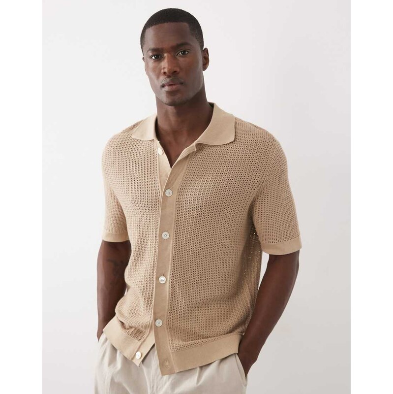 Selected 100% cotton knitted button cardigan in beige-Neutral