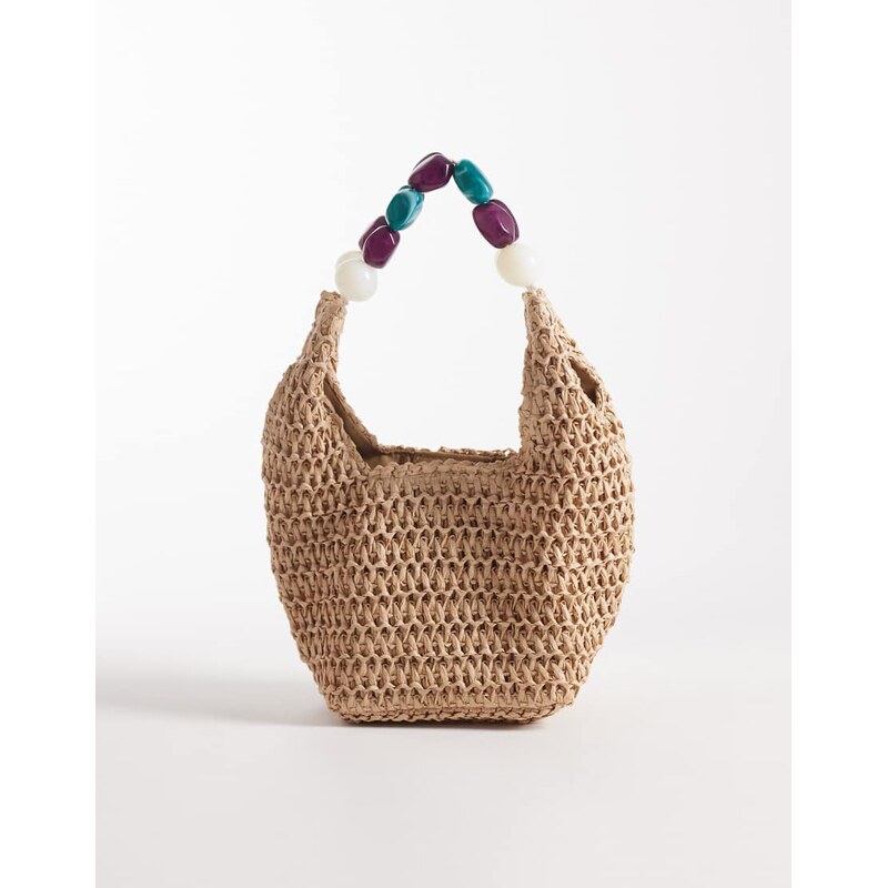 South Beach straw grab bag with resin beaded handle in natural-Neutral 115642336