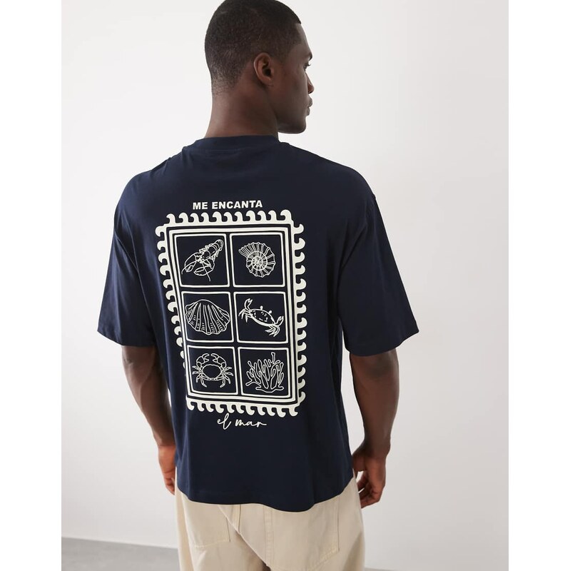 Selected relaxed fit t-shirt with marine stamp backprint in navy