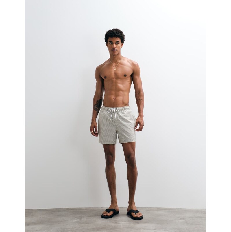 Jack & Jones seersucker stripe swimshorts in khaki-Green