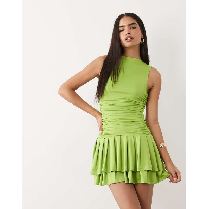 Aria Cove slinky high neck sleeveless ruched waist ruffle skirt