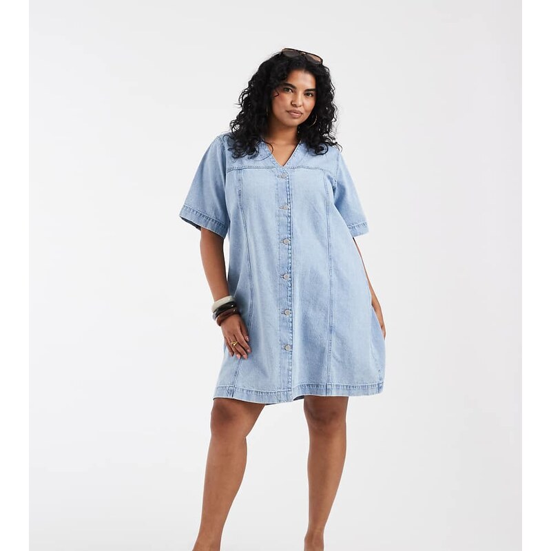 Vero Moda Curve short sleeve button front denim mini dress in