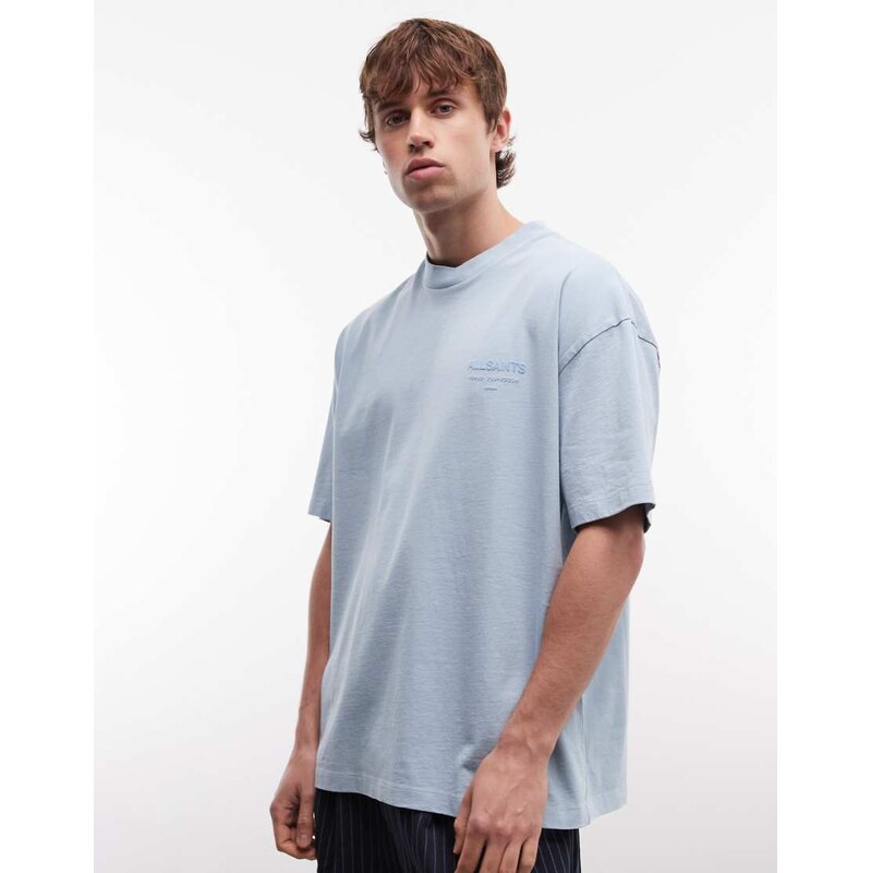 AllSaints Xander short sleeve logo t-shirt in light blue
