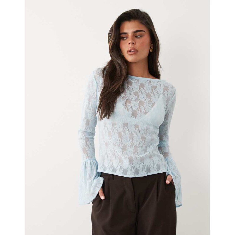ASOS DESIGN sheer lace fluted cuff top in pale blue