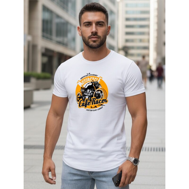 Dstreet Bílé pánské tričko s potiskem motocyklu