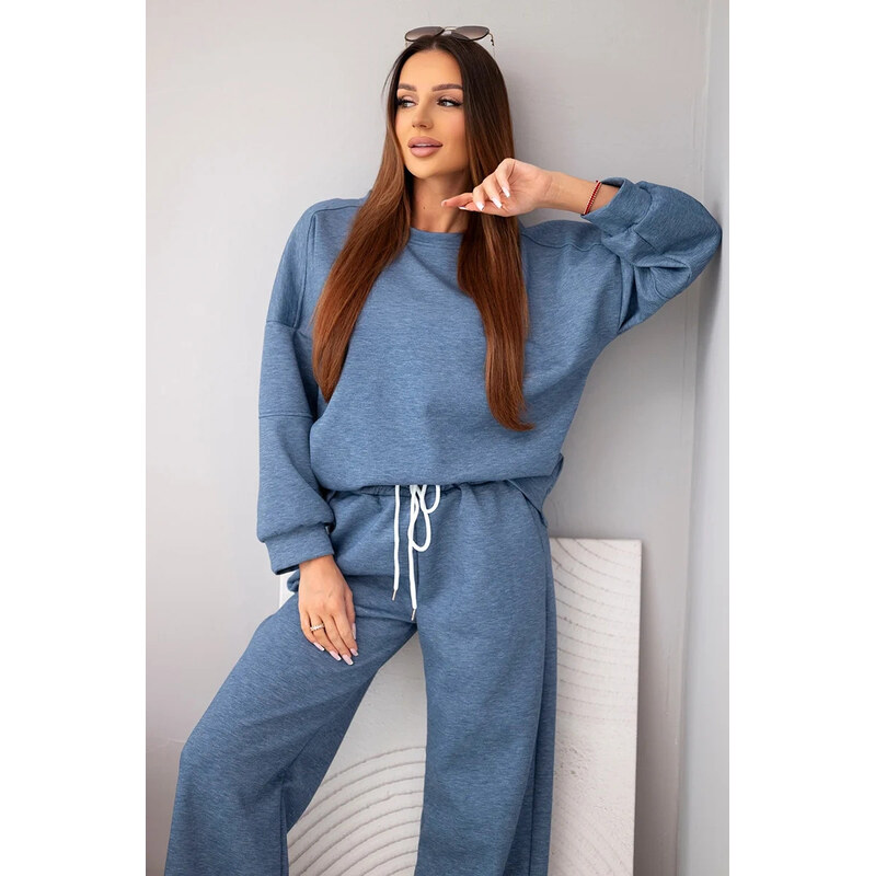 K-Fashion Dámský komplet máslový mikina + kalhoty džínový melír 115644141