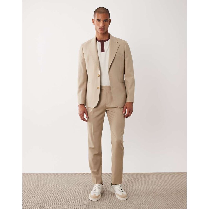 ASOS DESIGN premium 100% wool slim suit trousers in stone
