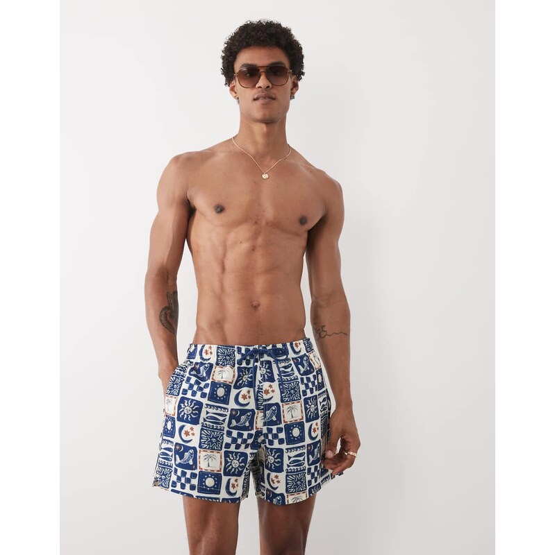 Abercrombie & Fitch Abercrombie pull on swimshort in navy tile print 115646699