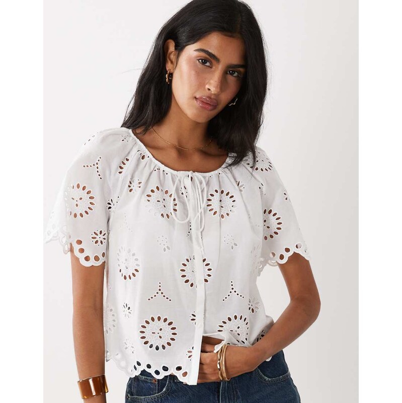 Mango 100% cotton embroidered tie front blouse in white