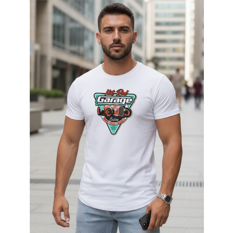 Dstreet Bílé pánské tričko s potiskem RETRO CAR