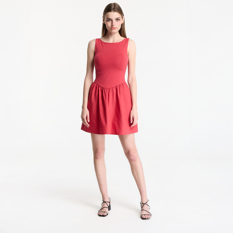 Šaty GAP Sl High Neck Mixed Media Mini Dress Red L