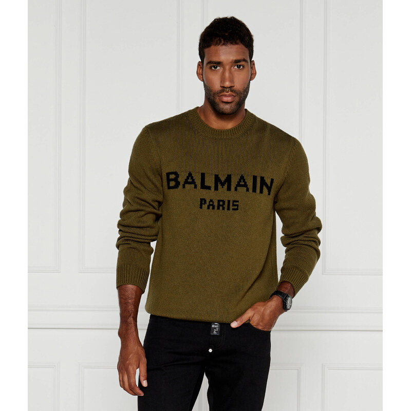 Balmain vlněný svetr v olivové barvě, velikost XXL