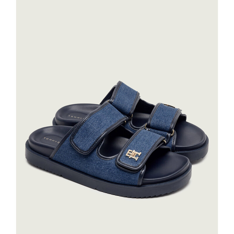 Tommy Hilfiger Džínové pantofle s přídavkem kůže