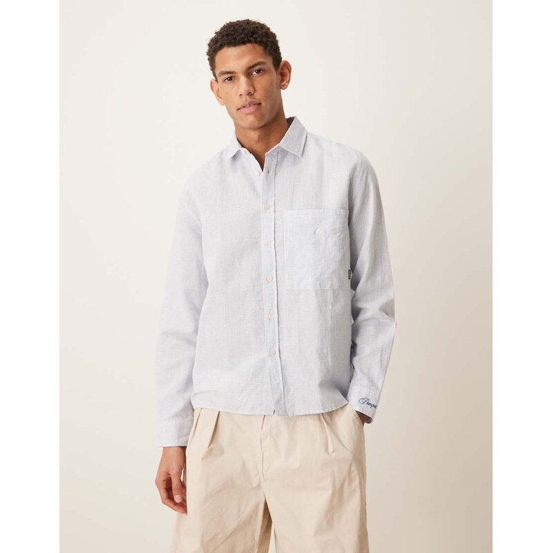 Pompeii UK Pompeii micro check long sleeve linen shirt in blue