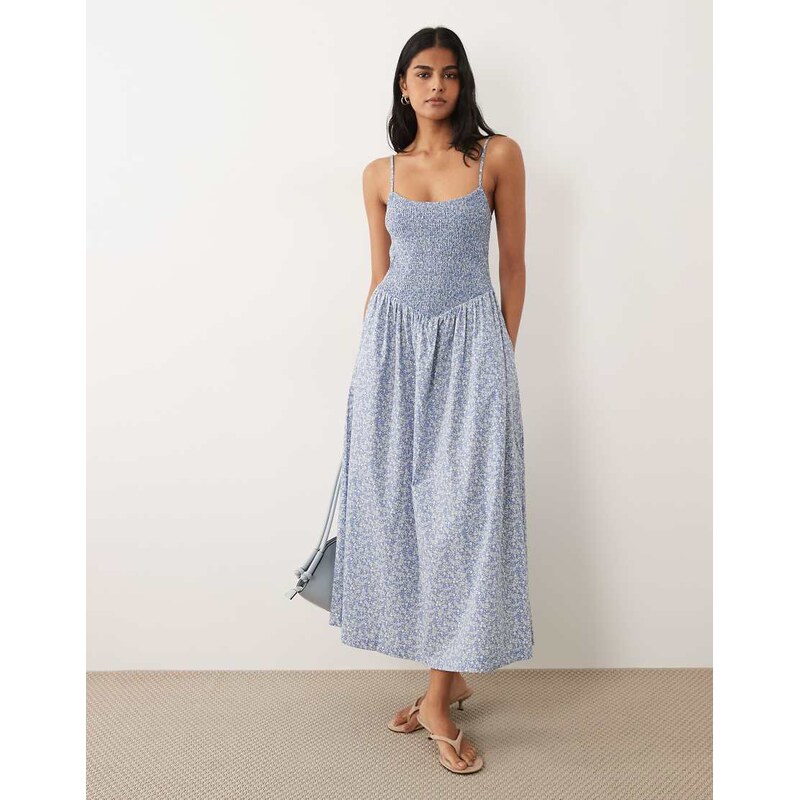 Abercrombie & Fitch dipped waist maxi dress in blue ditsy print 115730803