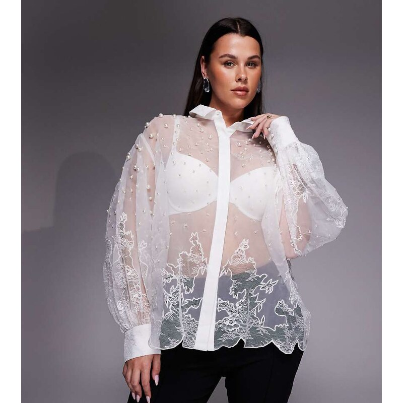 ASOS LUXE Curve organza and lace mix pearl embellished shirt in white 115648420